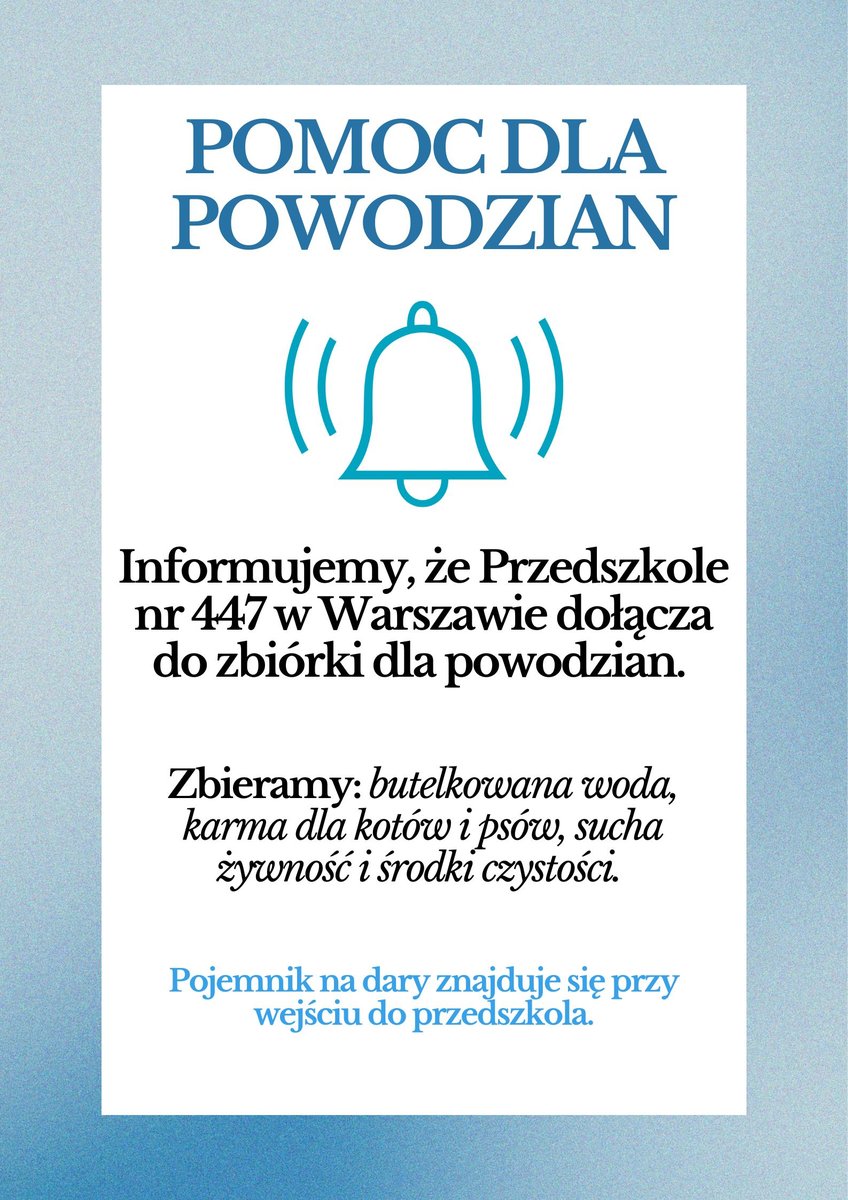 grafika informująca o dolączeniu do zbiurki dla powodzian i potrzebnych artykułach